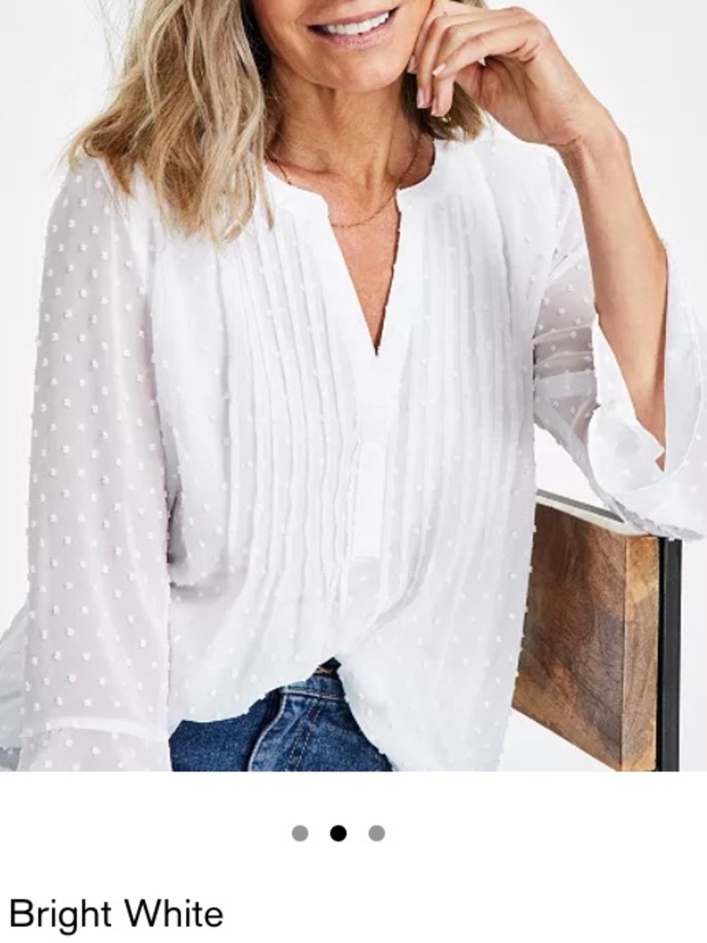 Style & Co. White Pintuck Woven Swiss Dot V-Neck Blouse
